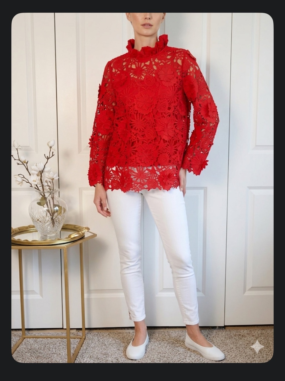Tuckernuck Giupure Faye Red Floral Lace Long-Sleeve Ruffled Neck Blouse NWT